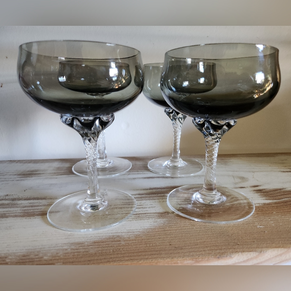 Set of 4 Vintage Coupe Glasses Smokey Grey Crystal Twisted Stem